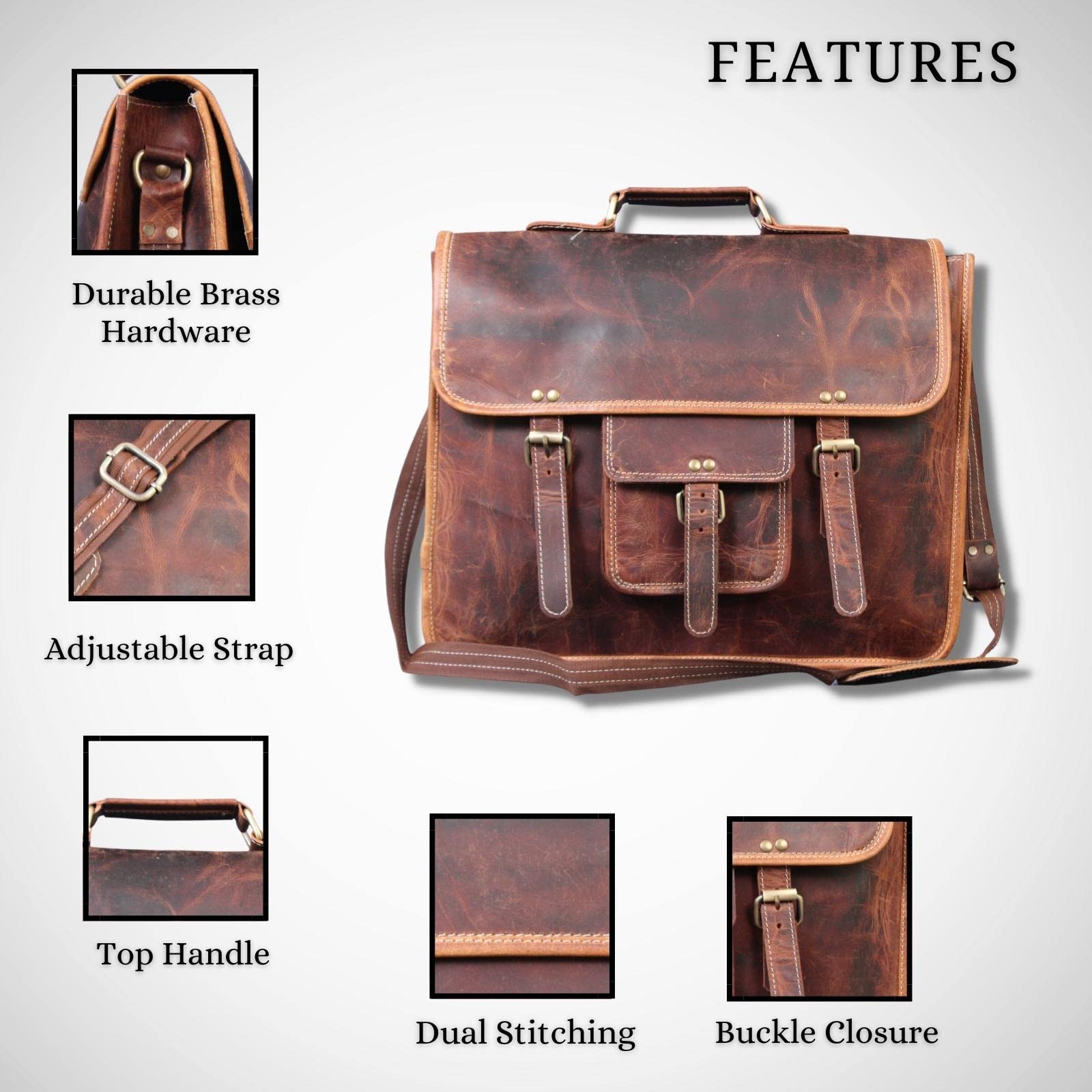  Genuine Buffalo Leather Briefcase Bag Men's Messenger Brown Work Laptop Bag